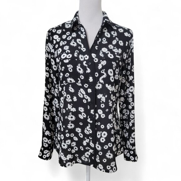 Candie's Size M Black with White Daisies Floral Button Down Blouse, Semi Sheer - Picture 1 of 14